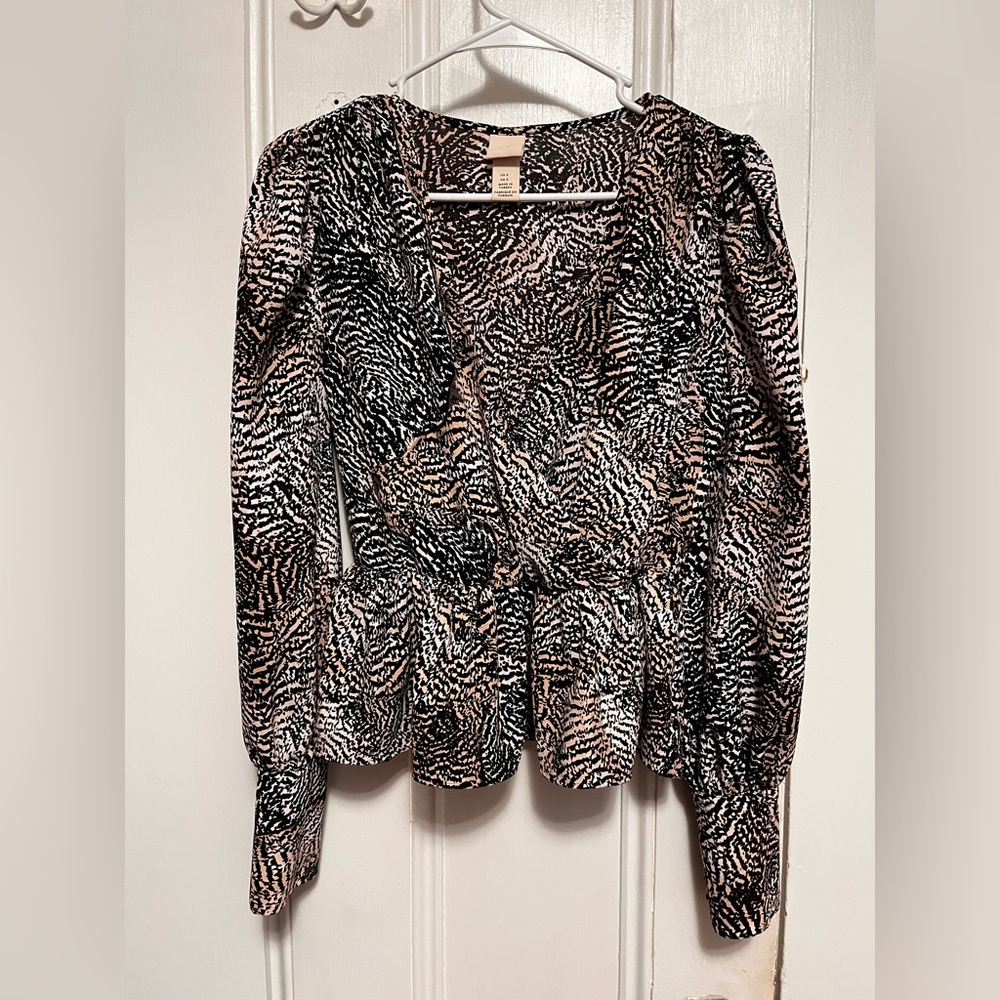 H&M Black Long Sleeve Wrap Peplum Blouse
